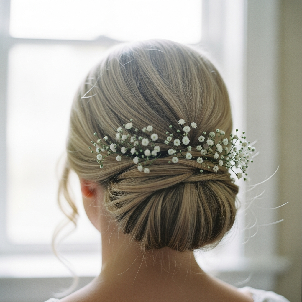 An elegant bridal chignon with baby's breath