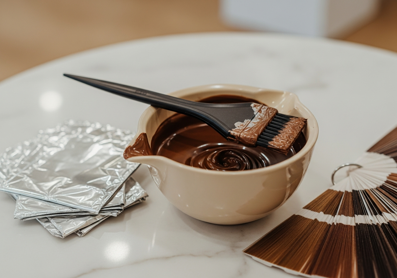 Professional hair color mixed in a bowl with foils and swatches