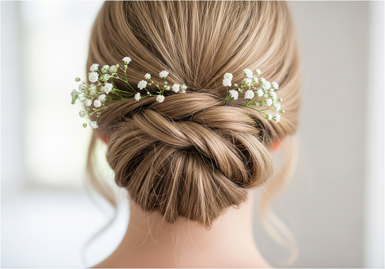An elegant bridal updo with delicate white flowers
