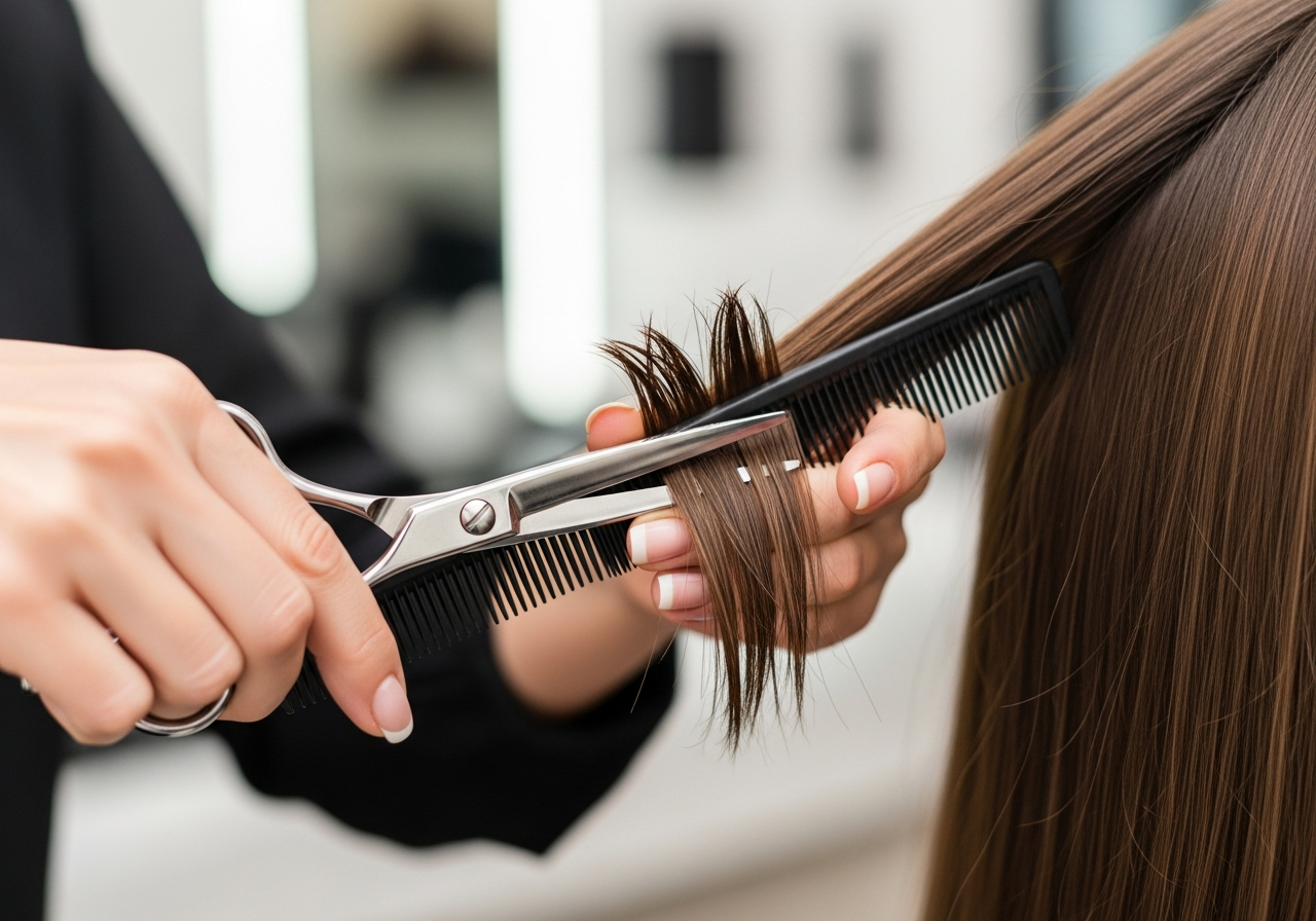 A stylist cutting sleek, healthy hair with shears and a comb
