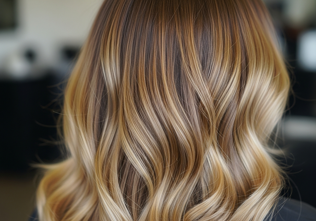 Sun-kissed balayage highlights on long wavy hair