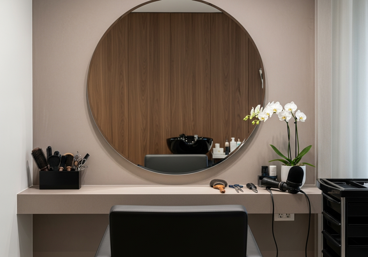 An elegant styling station at Salon Maryam with a round mirror, chair, and professional tools